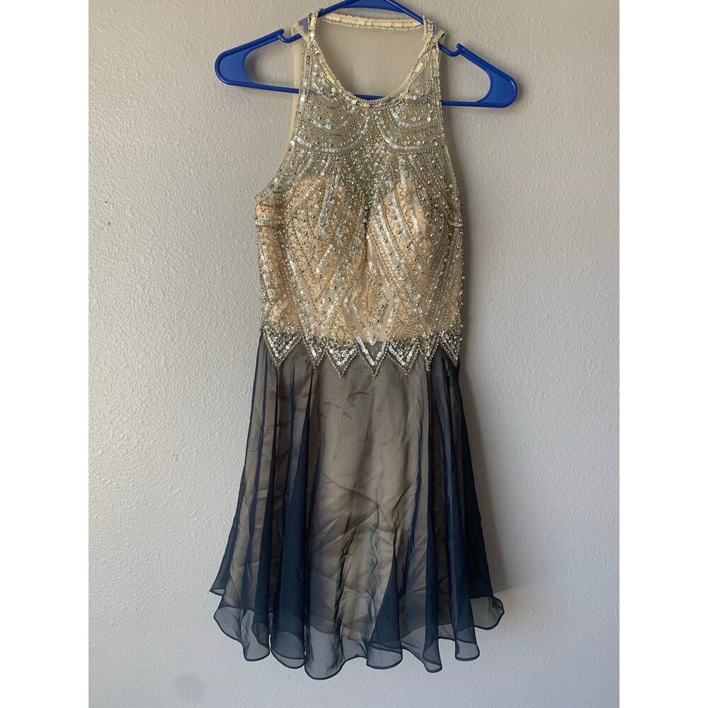 Dave & Johnny Beaded Sequin Halter Dress Navy Chiffon Skirt Size 7/8 Formal Prom